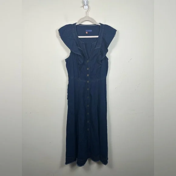 Pilcro Denim Cap Ruffle Sleeve Button Dress Midi Size 6 EUC Pockets Anthro - Picture 2 of 8